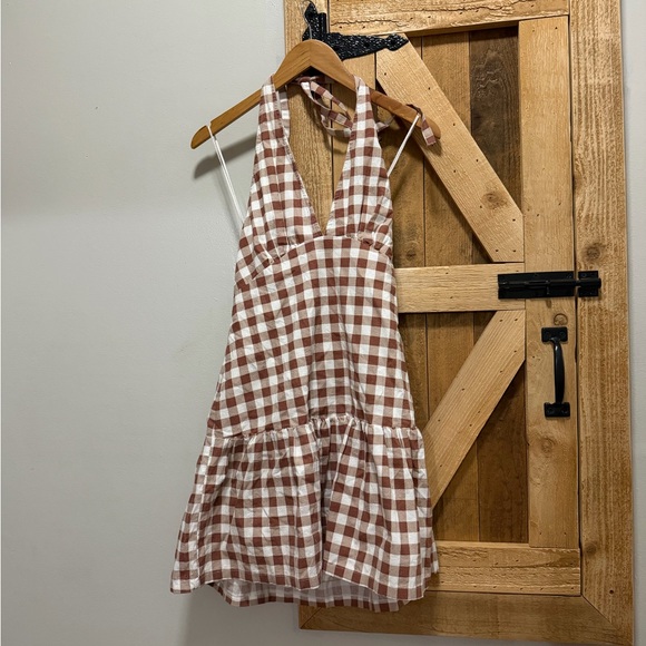 Free People Cecil Checker Print Halter Neck Drop Waist Mini Dress - Picture 2 of 6